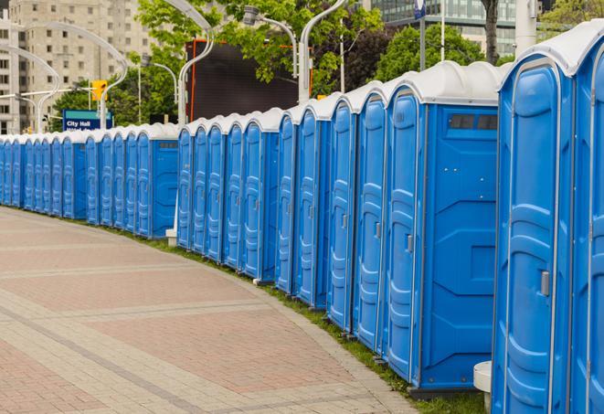 portable restrooms lined up at a marathon, ensuring runners can take a much-needed bathroom break in Bumpass, VA